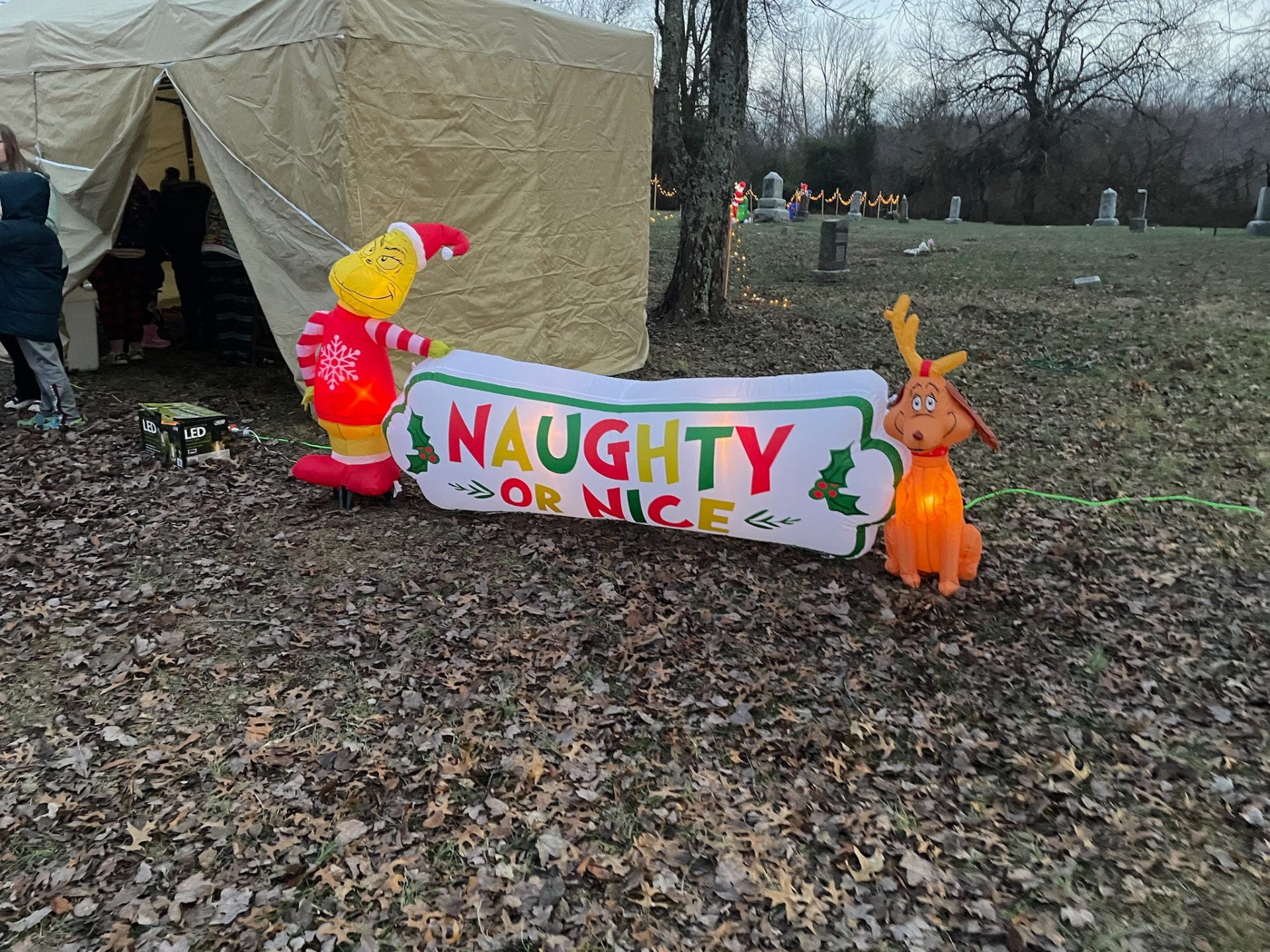 Naughty or Nice inflatable display beside the craft tent