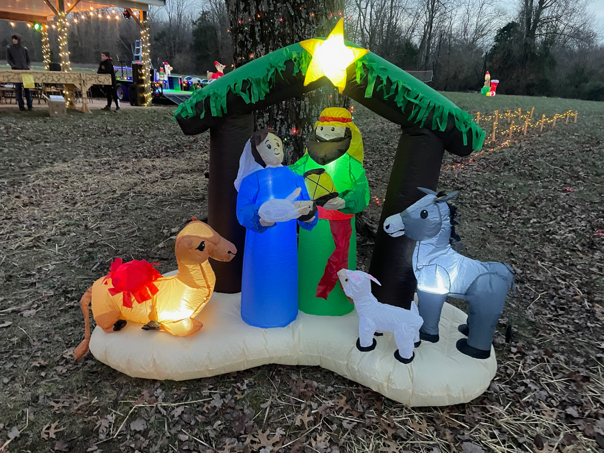 Nativity scene inflatable with camel, donkey, and sheep