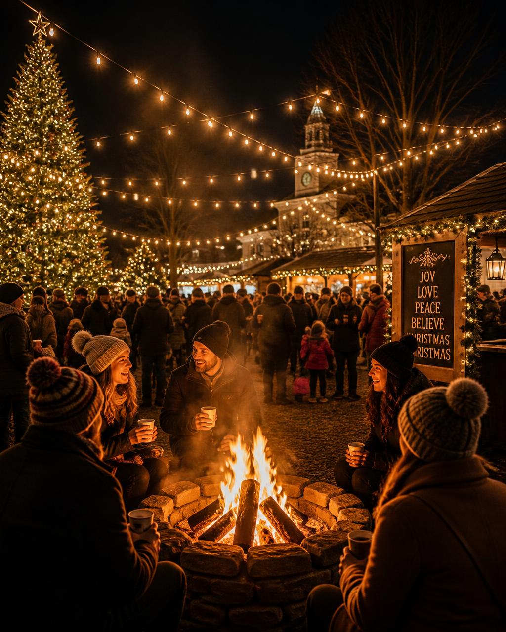 A warm outdoor Christmas festival with a glowing bonfire, string lights, and families gathered together